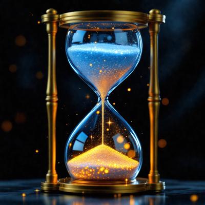 The primary subject of the image is a large, golden clock with a blue face. The clock is placed on a black surface, which contrasts with the clock's golden hue. The setting appears to be a dark room, with the clock being the main focus of the scene. The visual style of the image is a combination of photo and digital art, creating a unique and eye-catching design. The colors and mood of the image are predominantly dark and moody, with the golden clock and blue face providing a touch of brightness and contrast.